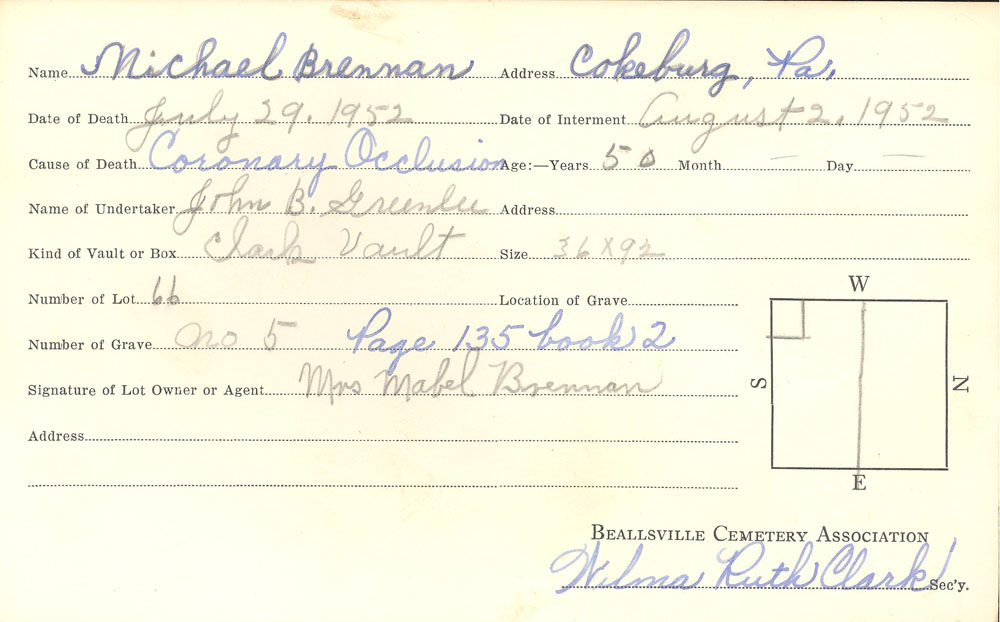 Michael M. Brennen burial card